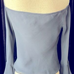 Lauren by Ralph Lauren. Navy silk off-the-shoulder blouse.